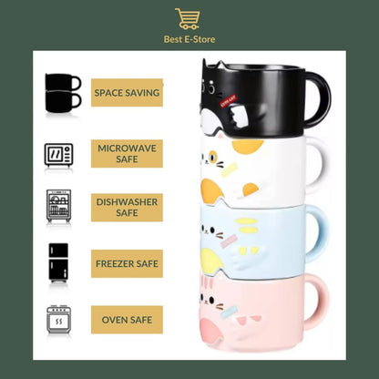 🎁 Perfect Cat Lover’s Gift: Stackable Mugs for Home & Office 🐈☕