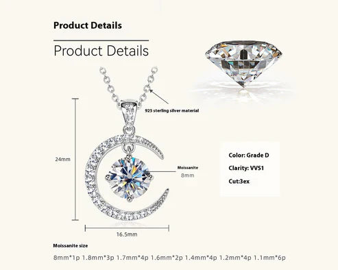 Women's Minimalist Pure Silver Crescent Shaped Moissanite Pendant Necklace
