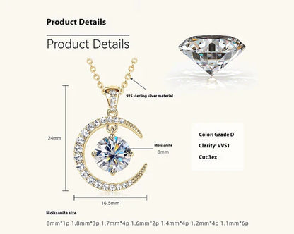 Women's Minimalist Pure Silver Crescent Shaped Moissanite Pendant Necklace